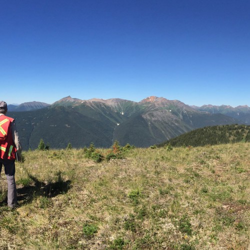 Overview shot of the Akie property looking west with John Degrace (BC Regional Geologist)